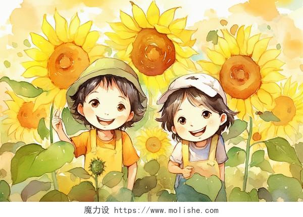 在向日葵花丛中的女孩卡通水彩AI插画
